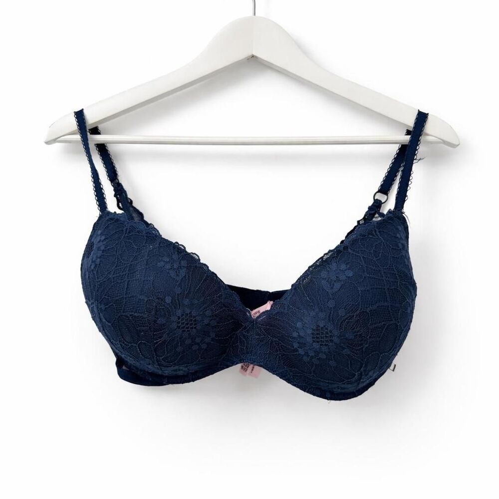 Victoria's Secret Navy Blue Bra Padded Wireless Size 34DD Lace